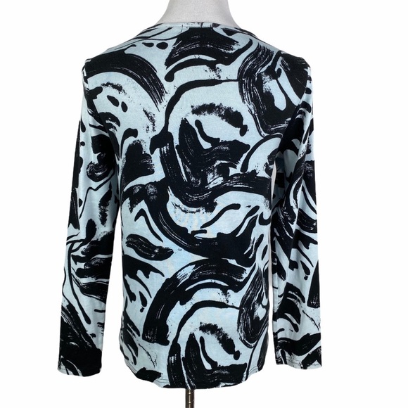 Avon Swirl‎ Print Crew Neck Tee Women's Medium Blue Black Cotton Long Sleeve - Picture 3 of 8